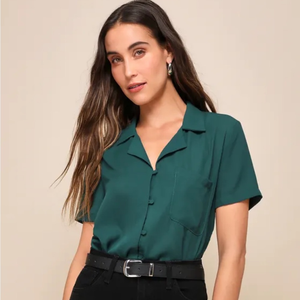 Lulus Good Luck Charm Dark Green Short Sleeve Button-up